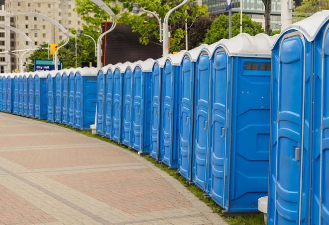 portable restrooms with sink and hand sanitizer stations, available at a festival in Eastchester, NY